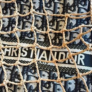 Dior Navy and Beige Logo Tote with Rope Net Overlay